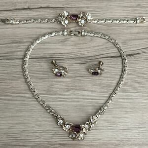 Vintage Kafin New York Purple Clear Rhinestone Gold Tone Jewelry Set- 3pc